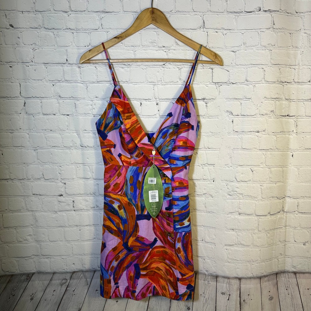Farm Rio Coloured Bananas Mini Dress Purple Tropical Linen Blend XS New 302112